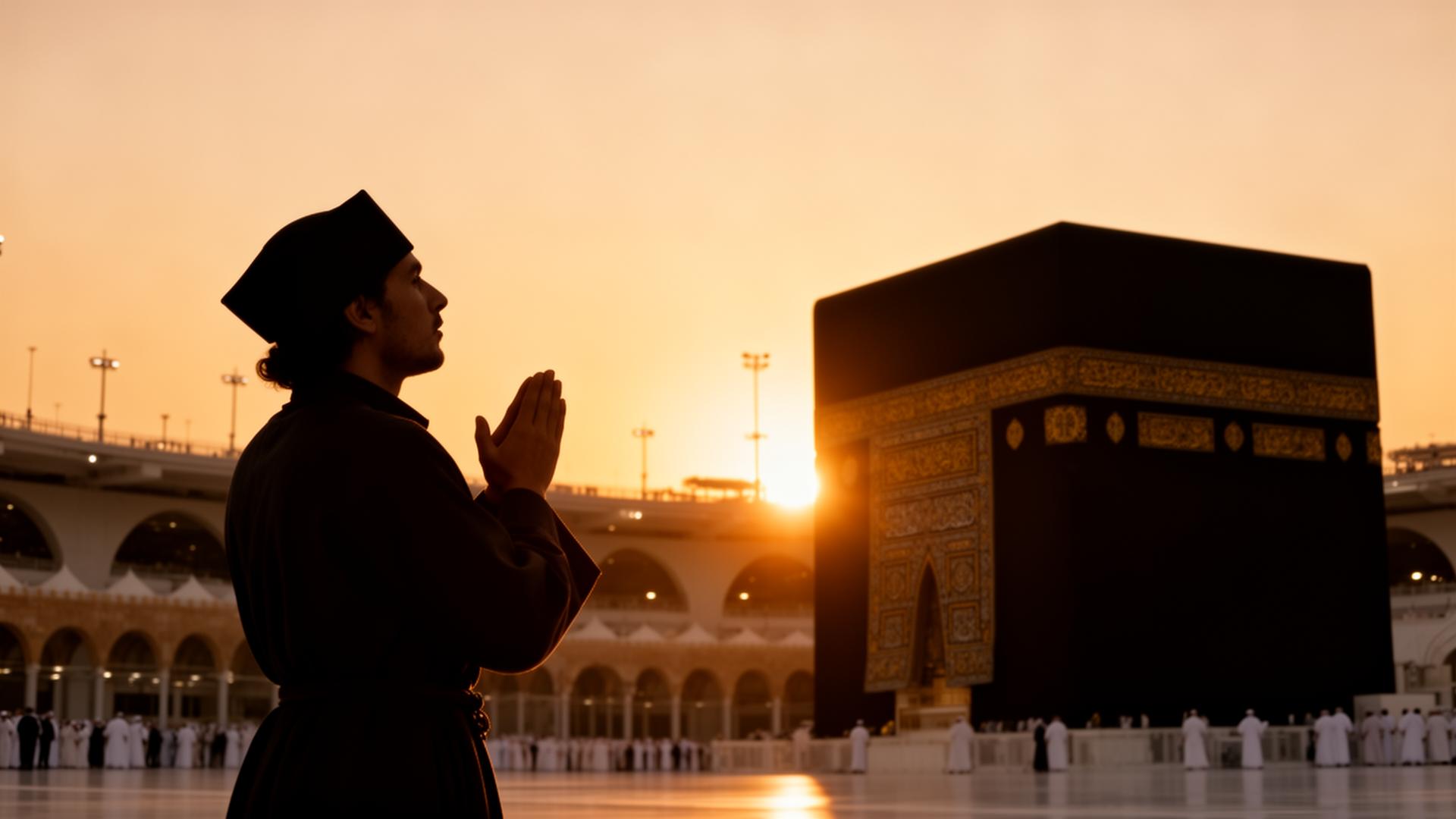 Siluet jamaah berdoa di depan Kaaba saat matahari terbenam